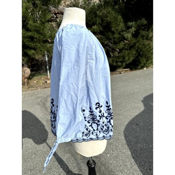 Time and Tru Shirt Large 12-14 Blue Embroidered Floral Ribbon Sleeve Boho Womens - Picture 3 of 10